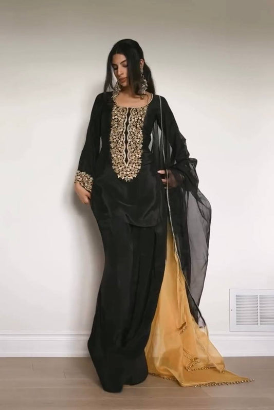 Exclusive Party Wear Satin Outfit with Sequin Embroidery and Farshi Palazzo