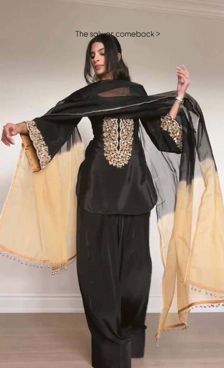 Exclusive Party Wear Satin Outfit with Sequin Embroidery and Farshi Palazzo