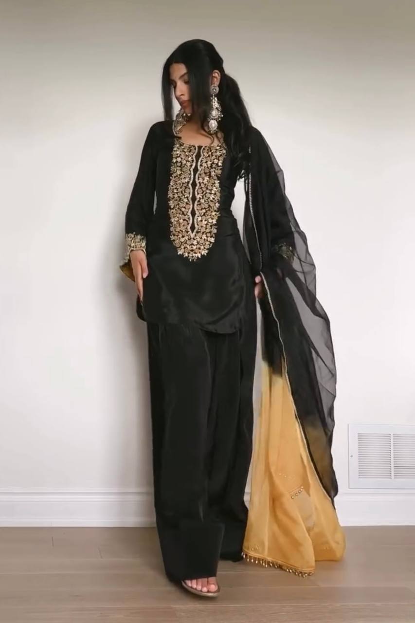 Exclusive Party Wear Satin Outfit with Sequin Embroidery and Farshi Palazzo