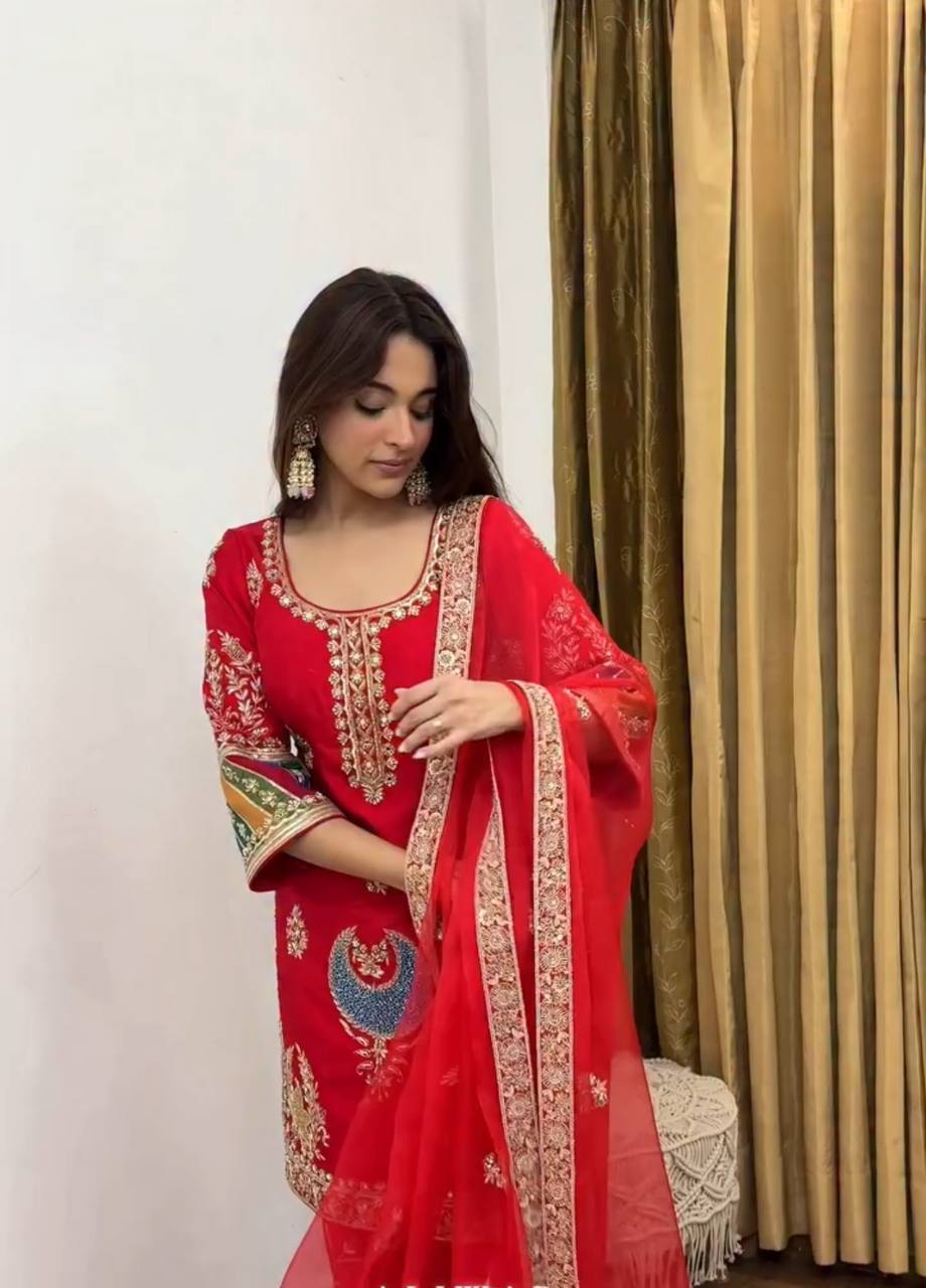 Exclusive Party Wear Crepe Silk Outfit with 5mm Sequence Embroidery and Fancy Lace Dupatta