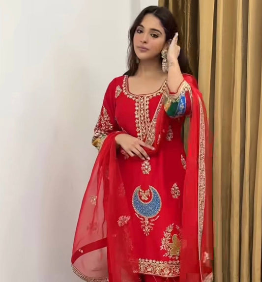 Exclusive Party Wear Crepe Silk Outfit with 5mm Sequence Embroidery and Fancy Lace Dupatta