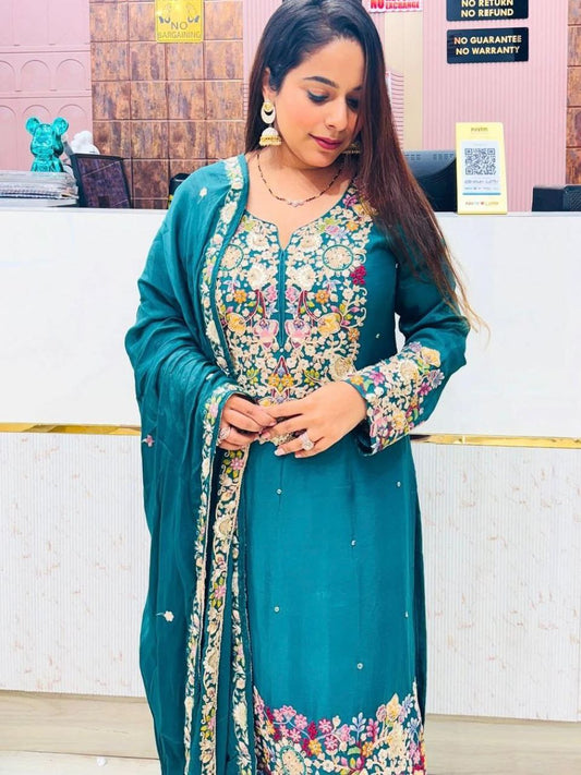 Exclusive Party Wear Outfit with Chinon Silk Sharara and Embroidered Dupatta