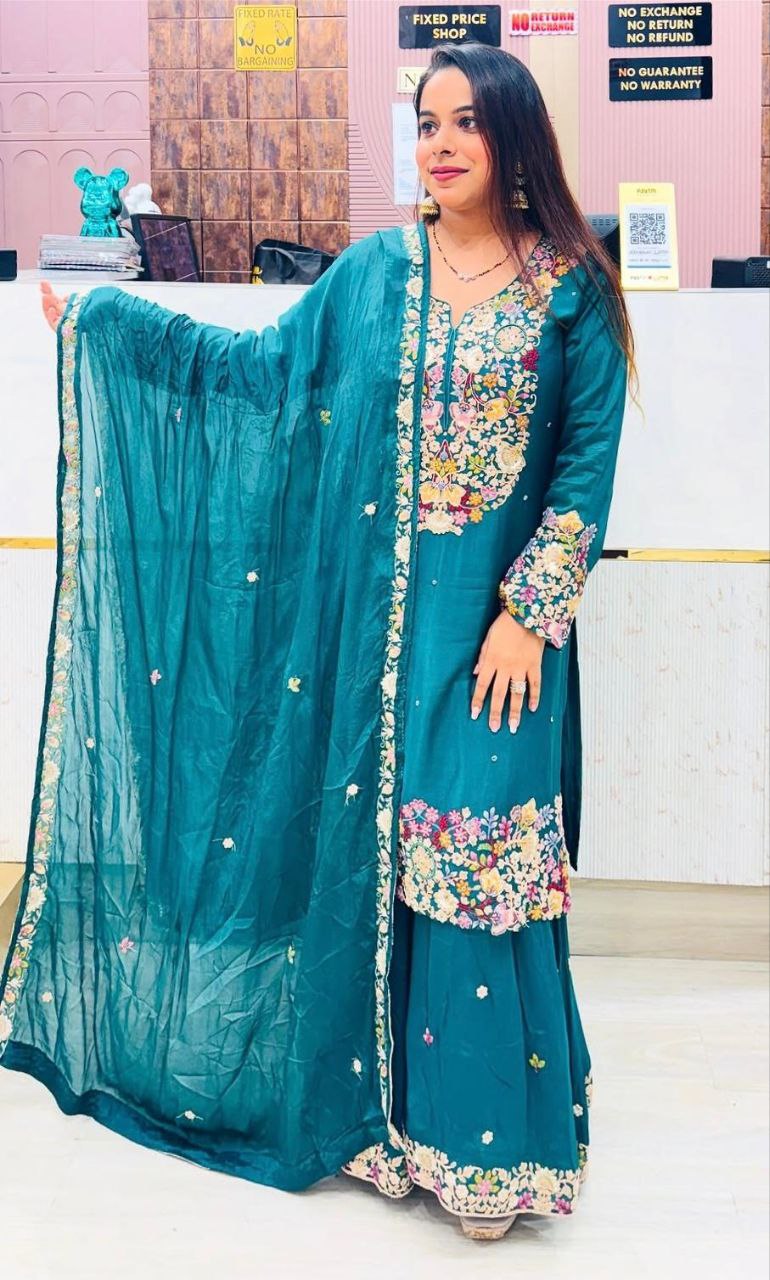 Exclusive Party Wear Outfit with Chinon Silk Sharara and Embroidered Dupatta