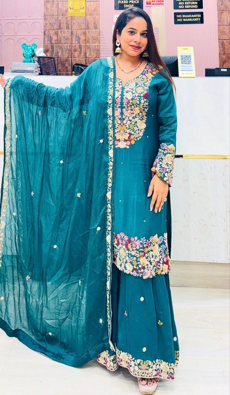 Exclusive Party Wear Outfit with Chinon Silk Sharara and Embroidered Dupatta