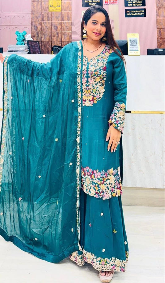 Exclusive Party Wear Outfit with Chinon Silk Sharara and Embroidered Dupatta