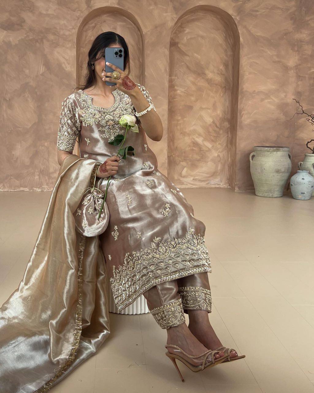 Premium Party Wear Ensemble with Heavy Embroidery and Sequin Detailing  Stylish Ready to Wear Top Pant and Dupatta in Fancy Designer Look