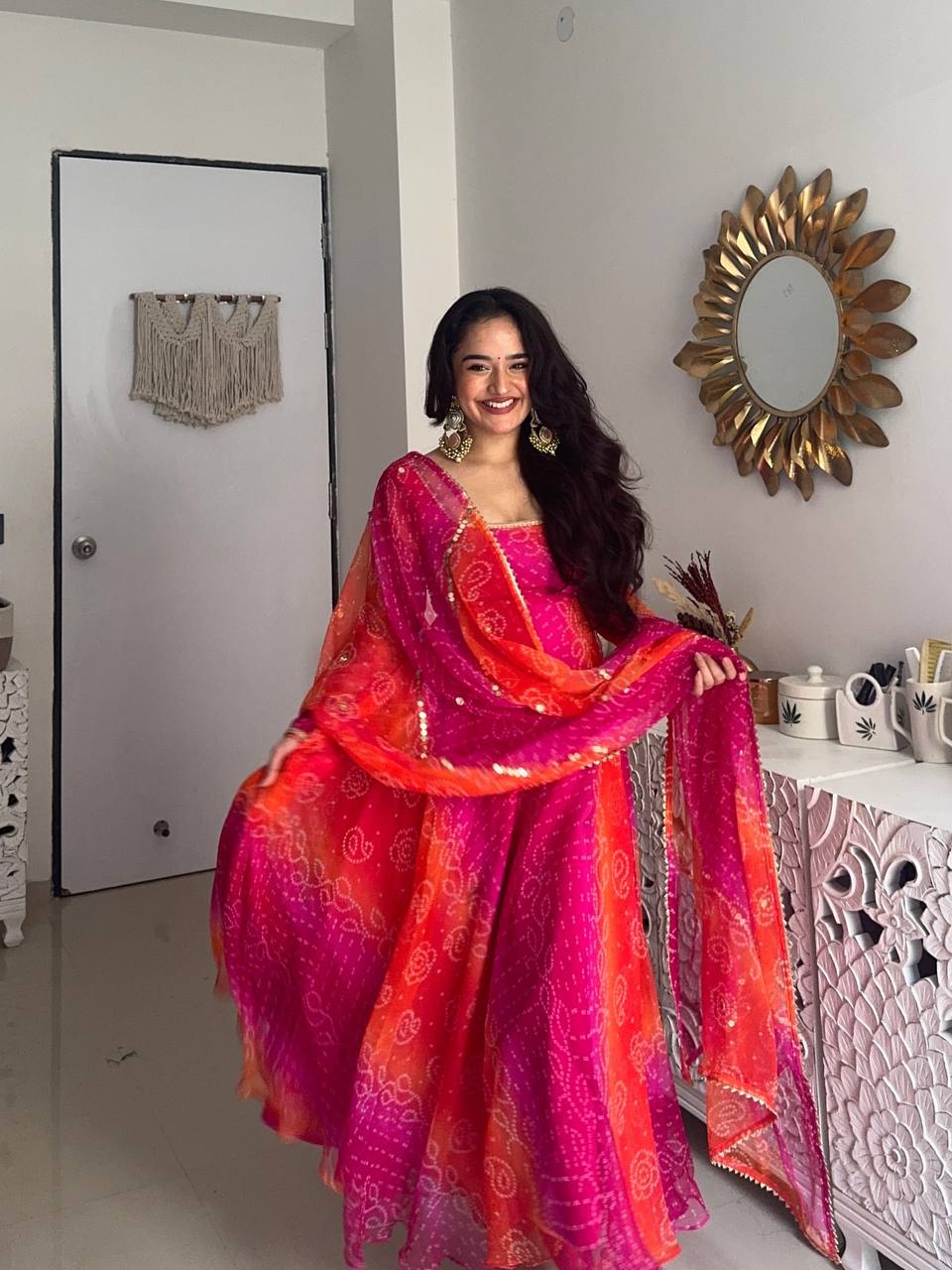 Exclusive Anarkali Gown Bottom and Dupatta Set with Fancy Bandhej Print