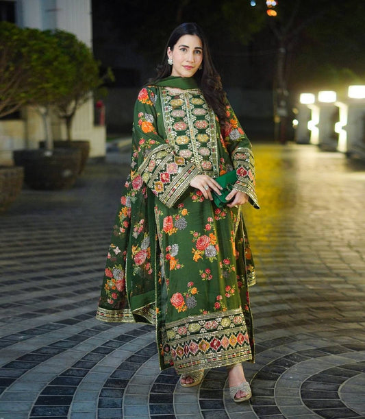 Premium Heavy Chinon Silk Outfit with Organza Embroidery and Patch Work