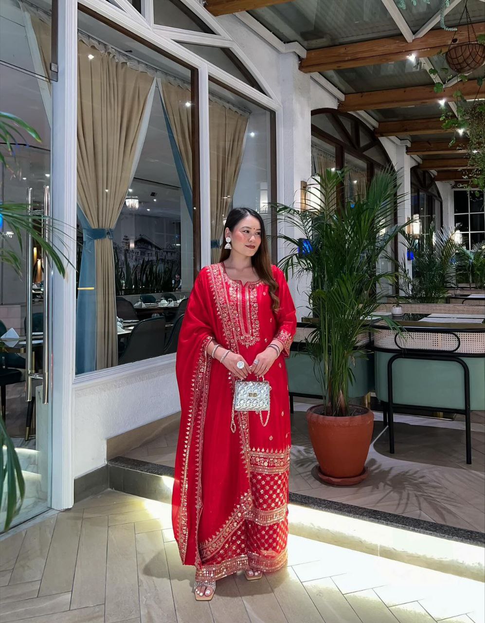 Elegant Chinon Silk Sharara Suit with Delicate Embroidery, Sequins and Matching Dupatta