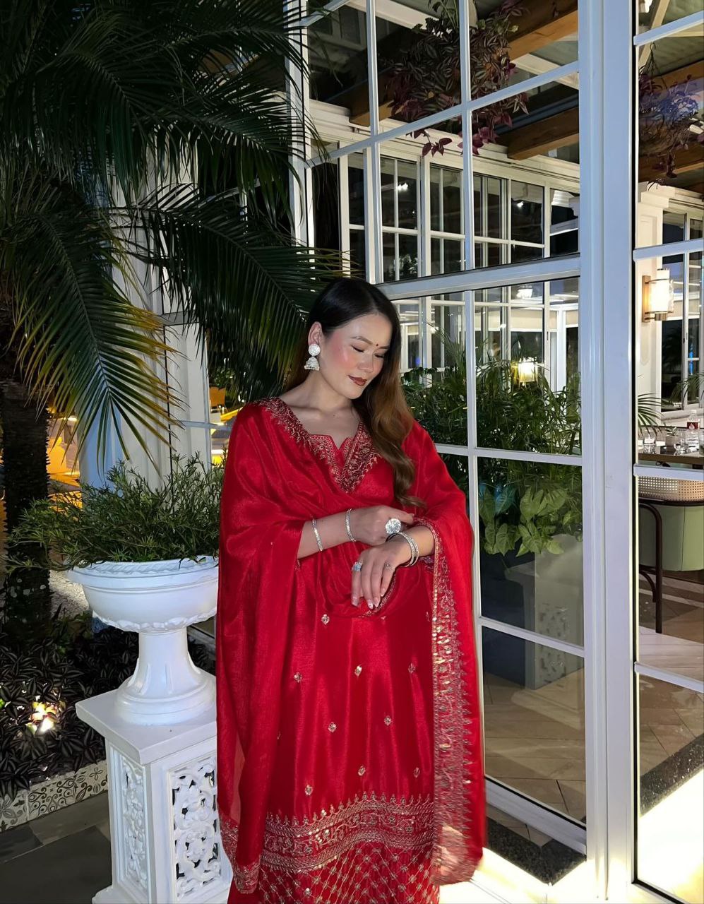 Elegant Chinon Silk Sharara Suit with Delicate Embroidery, Sequins and Matching Dupatta