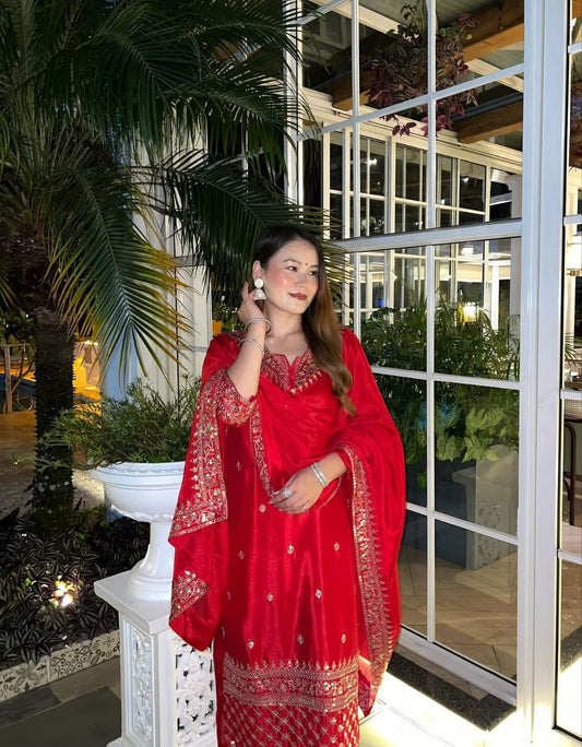 Elegant Chinon Silk Sharara Suit with Delicate Embroidery, Sequins and Matching Dupatta
