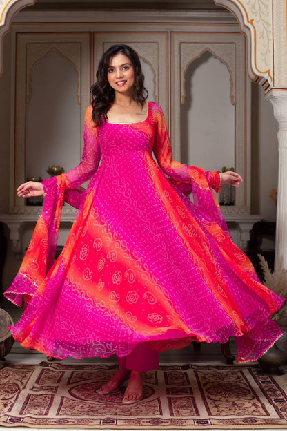 Exclusive Anarkali Gown Bottom and Dupatta Set with Fancy Bandhej Print