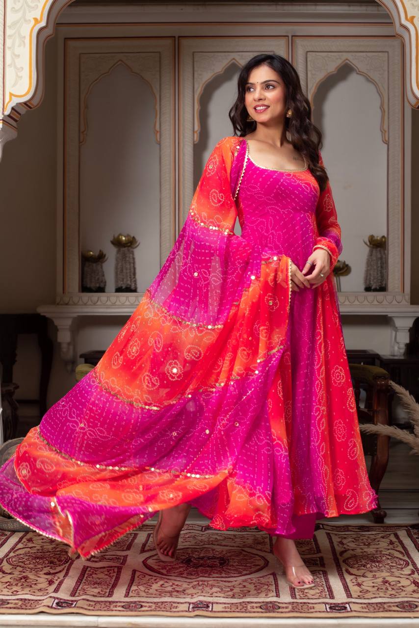 Exclusive Anarkali Gown Bottom and Dupatta Set with Fancy Bandhej Print