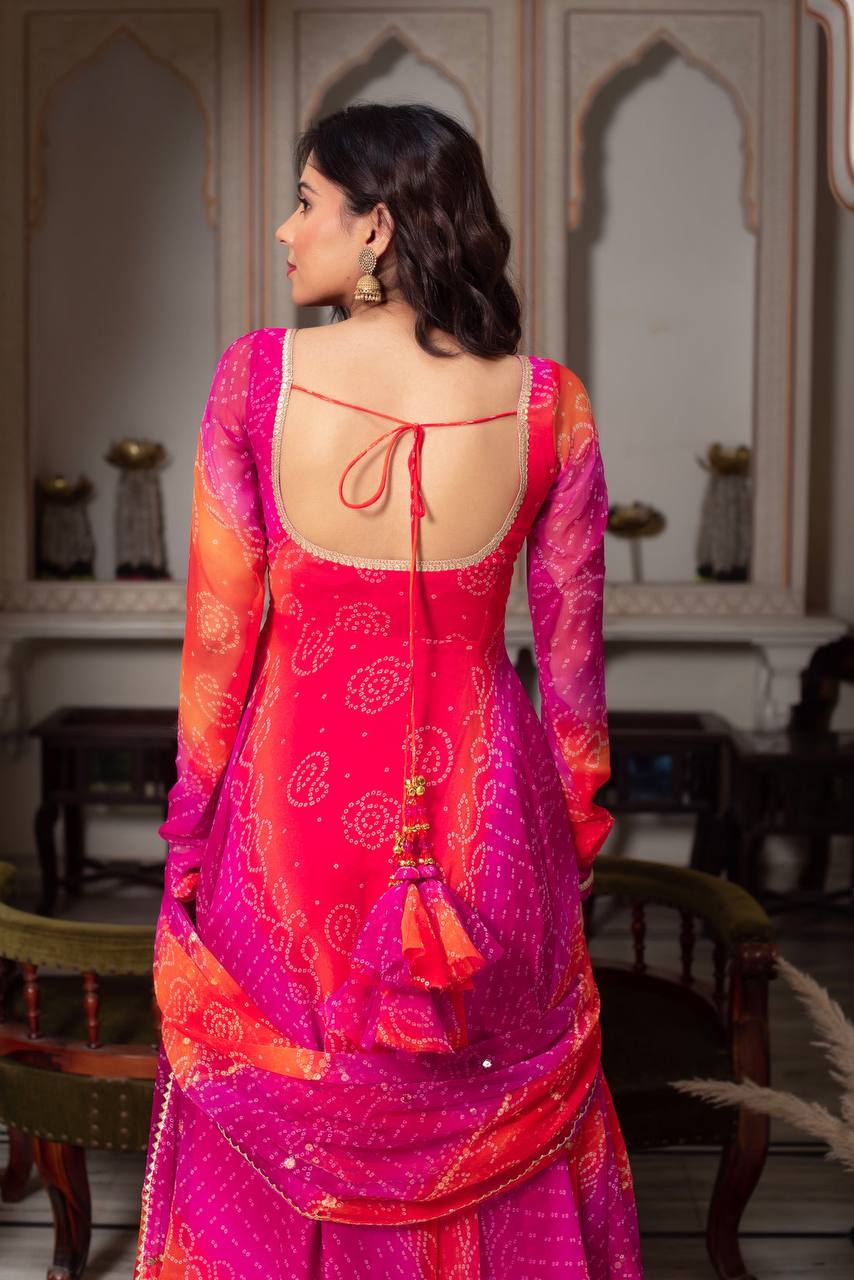 Exclusive Anarkali Gown Bottom and Dupatta Set with Fancy Bandhej Print