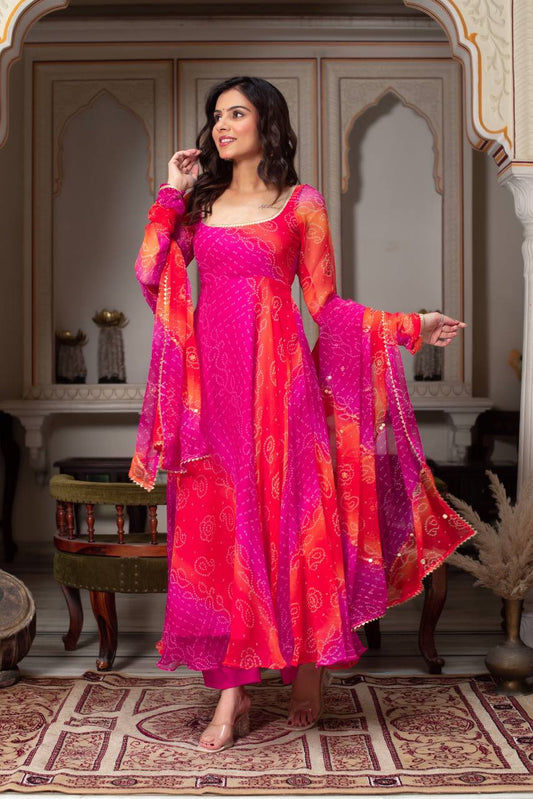 Exclusive Anarkali Gown Bottom and Dupatta Set with Fancy Bandhej Print