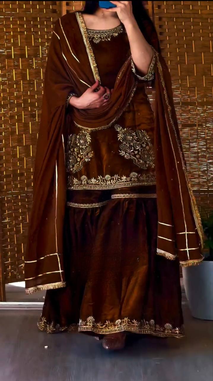 Fully Stitched Natural Crepe Designer Sharara Set with 5mm Sequence Embroidery