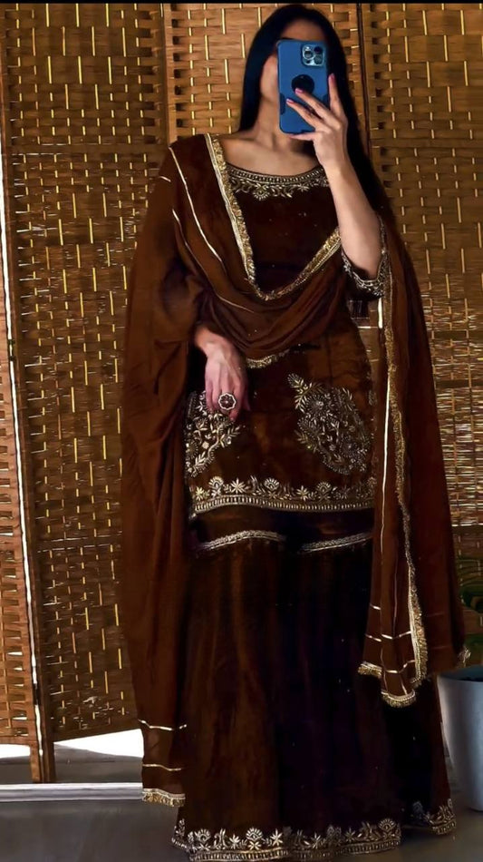 Fully Stitched Natural Crepe Designer Sharara Set with 5mm Sequence Embroidery