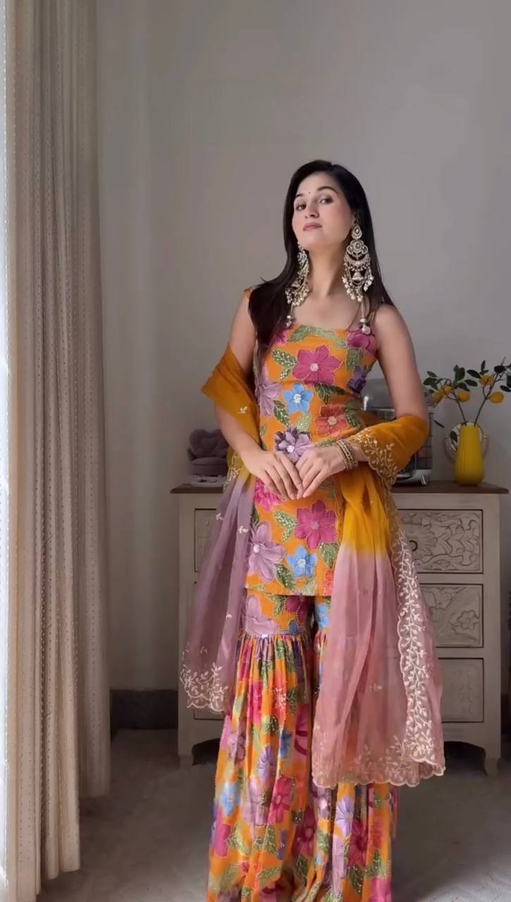 Stylish Party Wear Sharara Set in Chinon Silk with Stone Hand Embellishments
