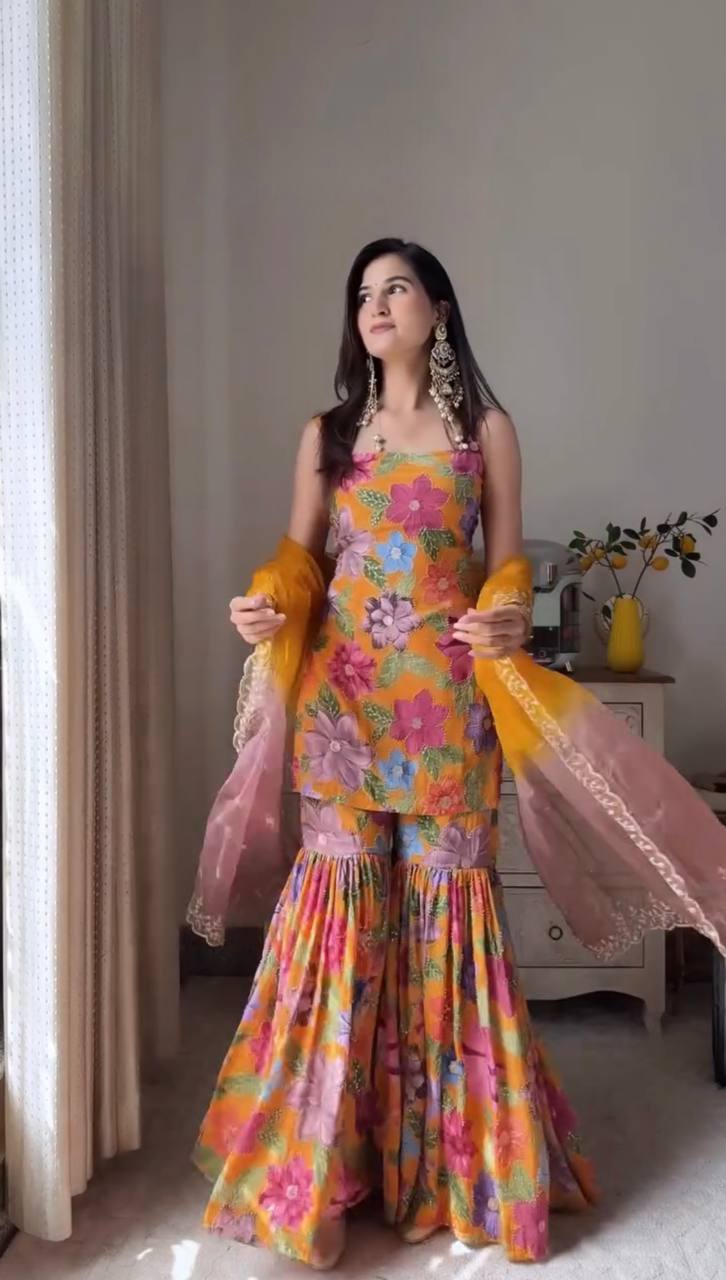 Stylish Party Wear Sharara Set in Chinon Silk with Stone Hand Embellishments