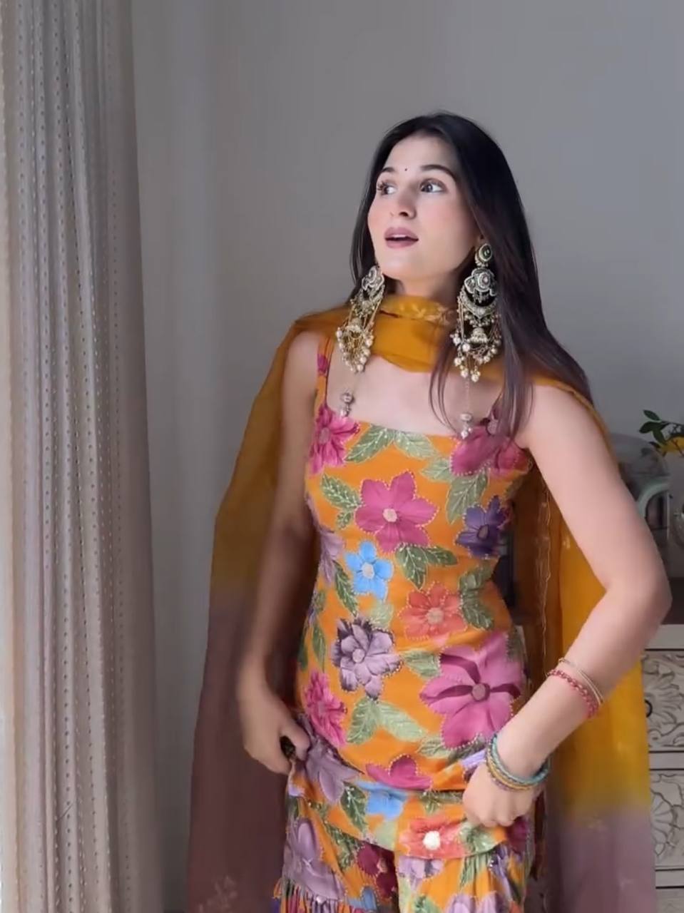 Stylish Party Wear Sharara Set in Chinon Silk with Stone Hand Embellishments