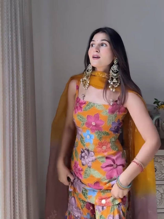 Stylish Party Wear Sharara Set in Chinon Silk with Stone Hand Embellishments