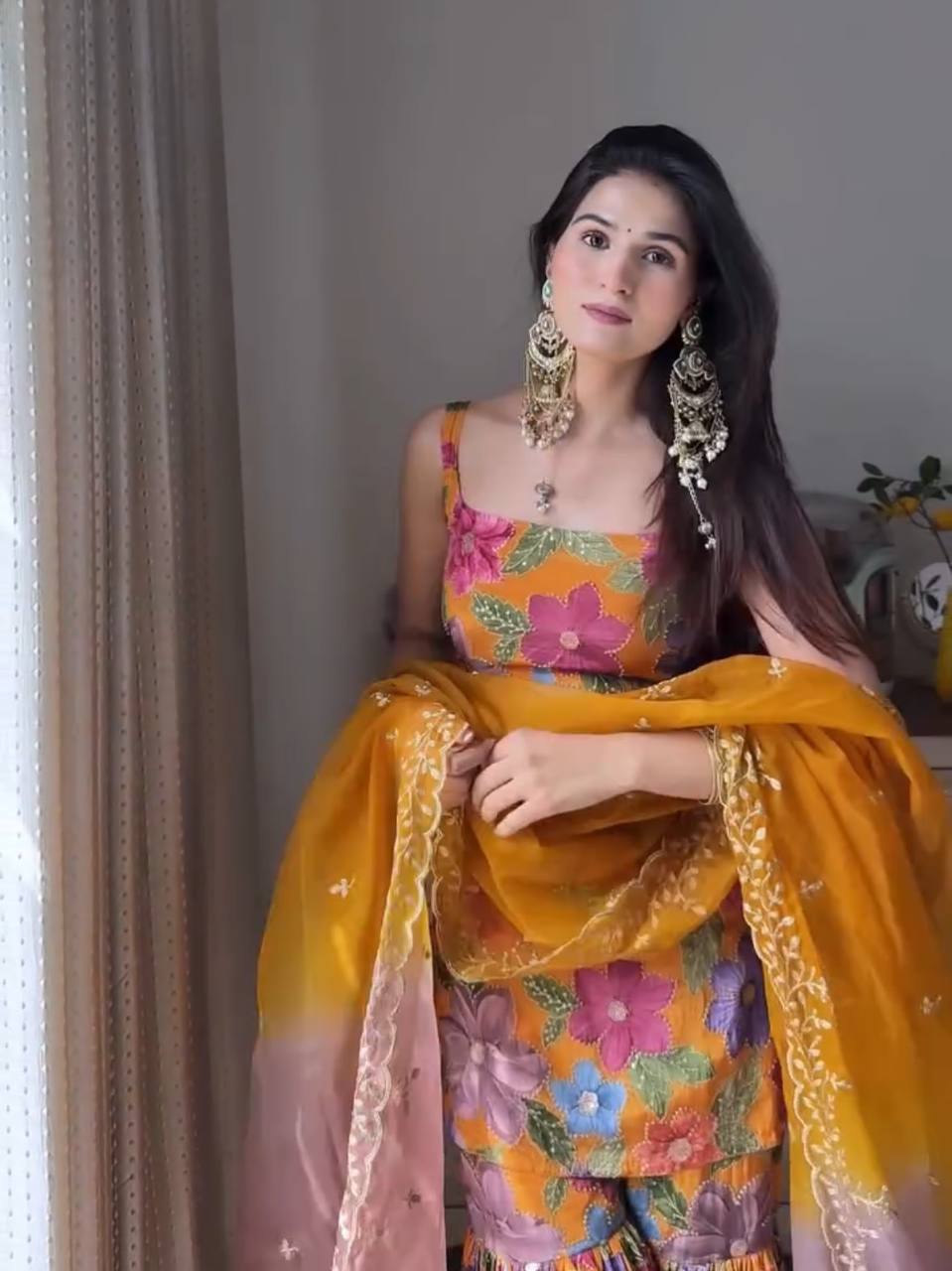 Stylish Party Wear Sharara Set in Chinon Silk with Stone Hand Embellishments