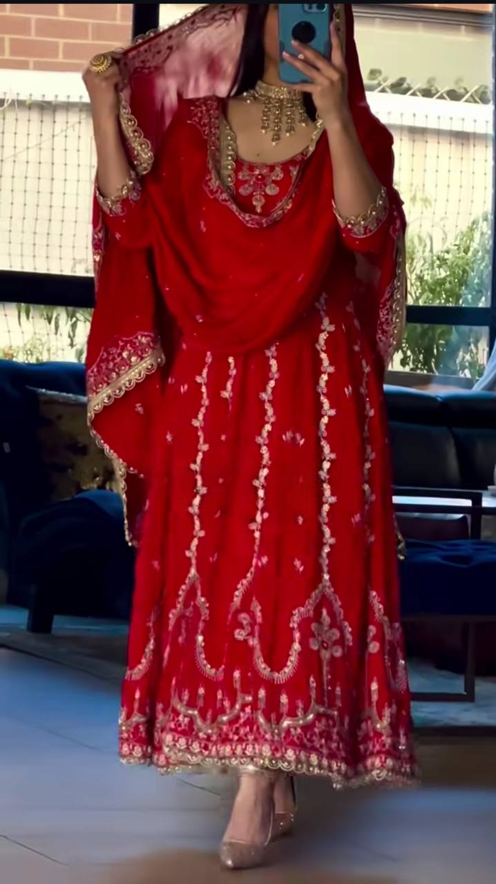 Exclusive Designer Anarkali Outfit in Heavy Natural Crepe Featuring Full Sleeve Detailing