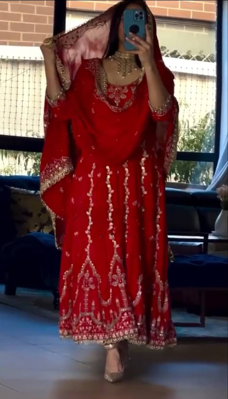 Exclusive Designer Anarkali Outfit in Heavy Natural Crepe Featuring Full Sleeve Detailing