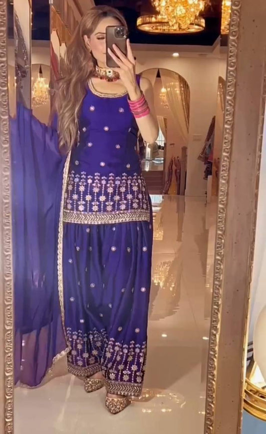 Designer Party Collection in Heavy Chinnon Silk with Embroidery Sequence Work and Dhoti Style Bottom