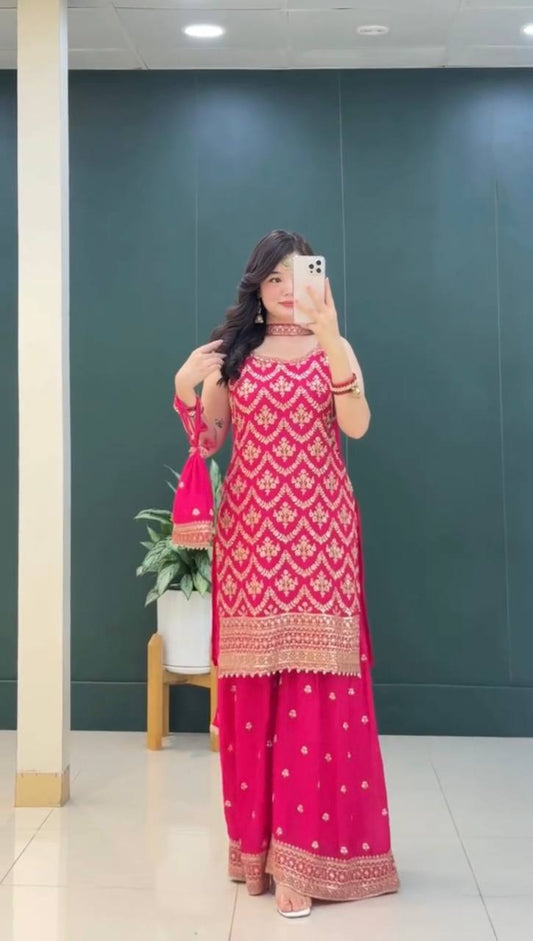 Premium Faux Georgette Palazzo Set with Dupatta and Heavy Embroidery