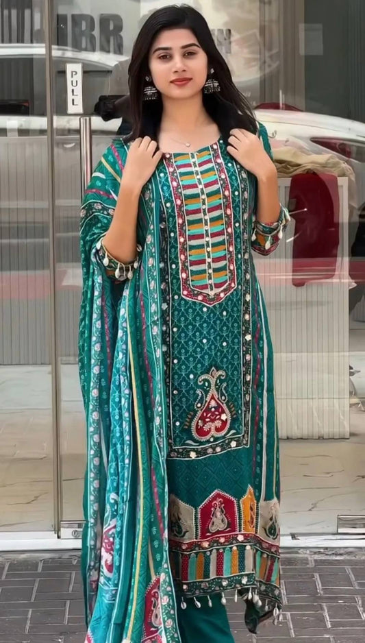 Luxury Ready to Wear Ensemble with Digital Print and Hanging Lace Border