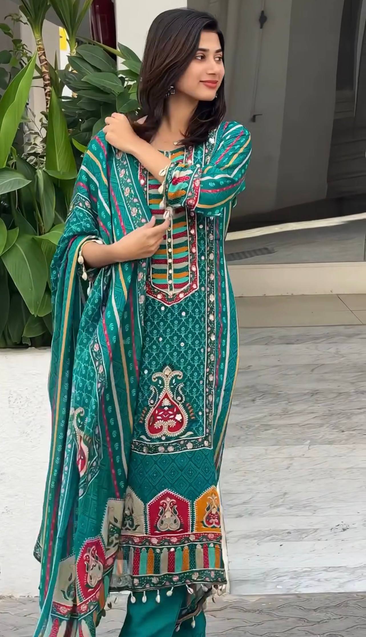 Luxury Ready to Wear Ensemble with Digital Print and Hanging Lace Border