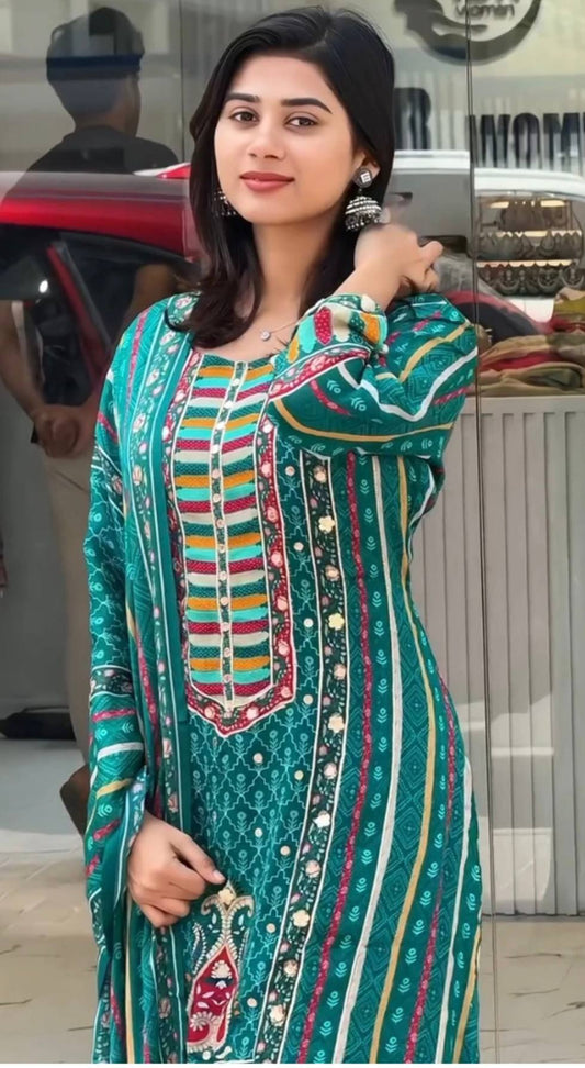 Luxury Ready to Wear Ensemble with Digital Print and Hanging Lace Border