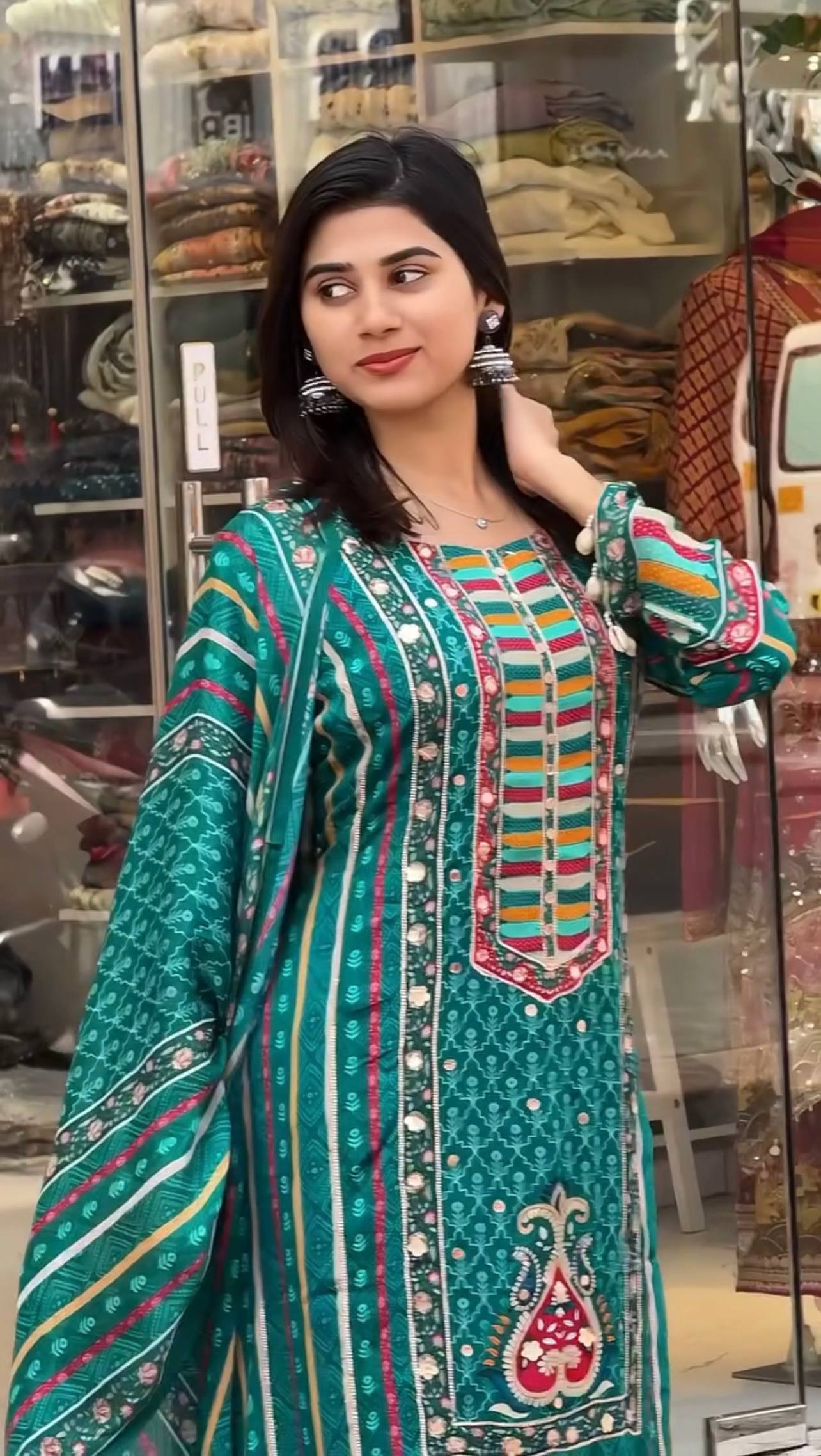 Luxury Ready to Wear Ensemble with Digital Print and Hanging Lace Border