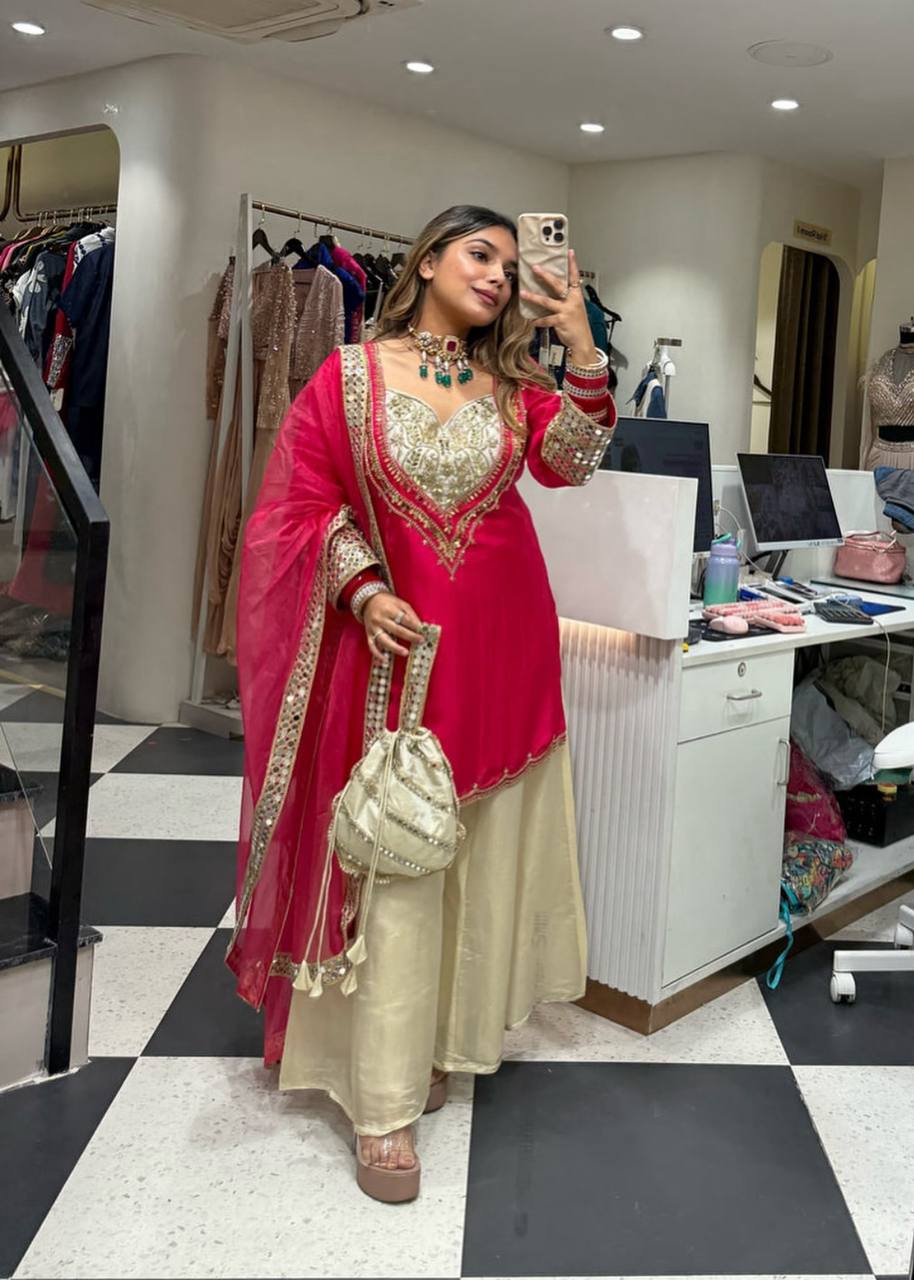 Elegant Party Wear Ensemble in Natural Crepe with Embroidery & Mirror Detailing