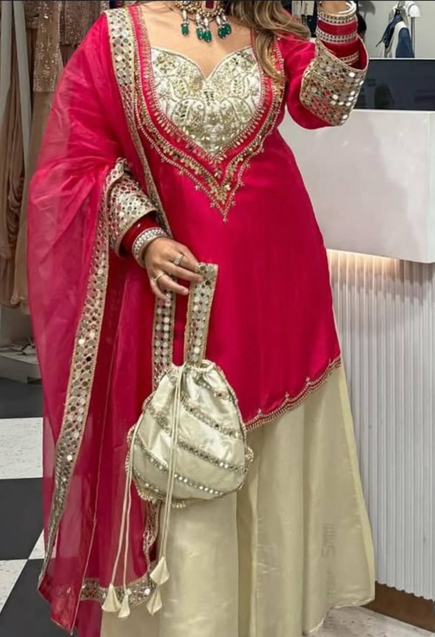 Elegant Party Wear Ensemble in Natural Crepe with Embroidery & Mirror Detailing