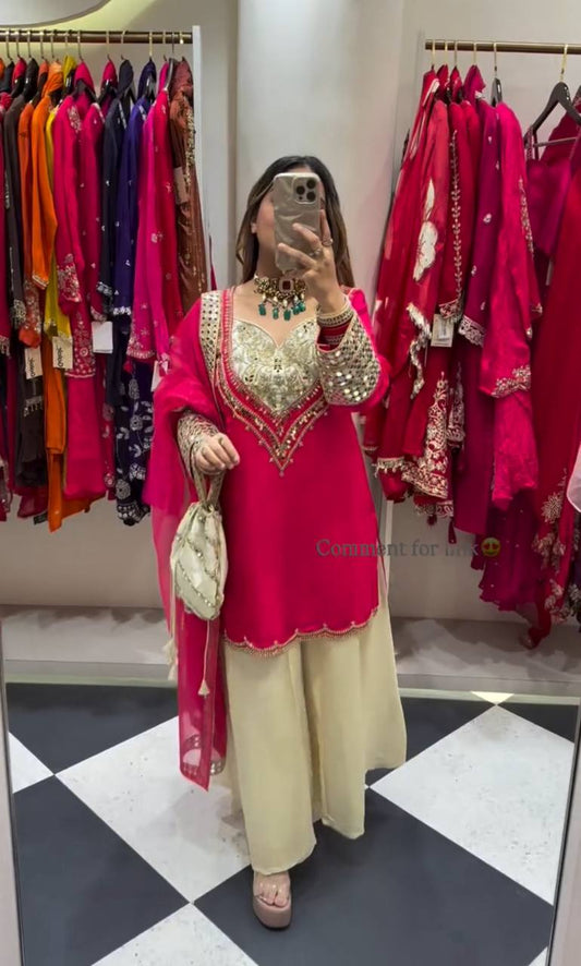 Elegant Party Wear Ensemble in Natural Crepe with Embroidery & Mirror Detailing