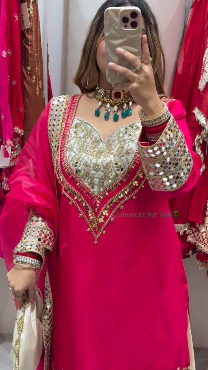 Elegant Party Wear Ensemble in Natural Crepe with Embroidery & Mirror Detailing