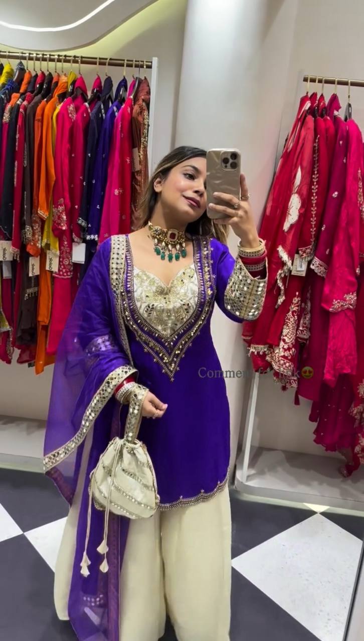 Elegant Party Wear Ensemble in Natural Crepe with Embroidery & Mirror Detailing