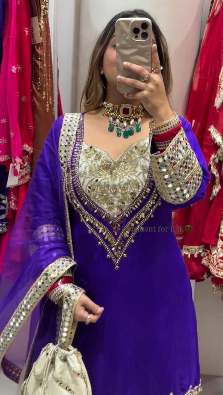 Elegant Party Wear Ensemble in Natural Crepe with Embroidery & Mirror Detailing