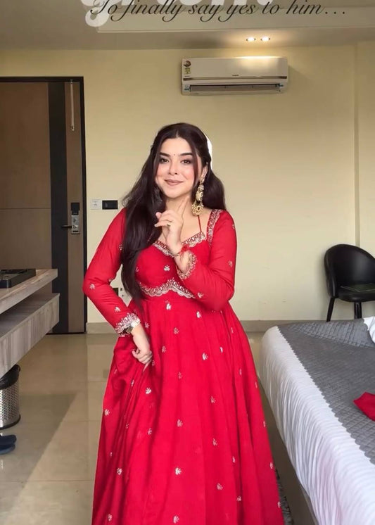 New Designer Party Wear Red Faux Georgette Gown with Heavy Embroidery Work