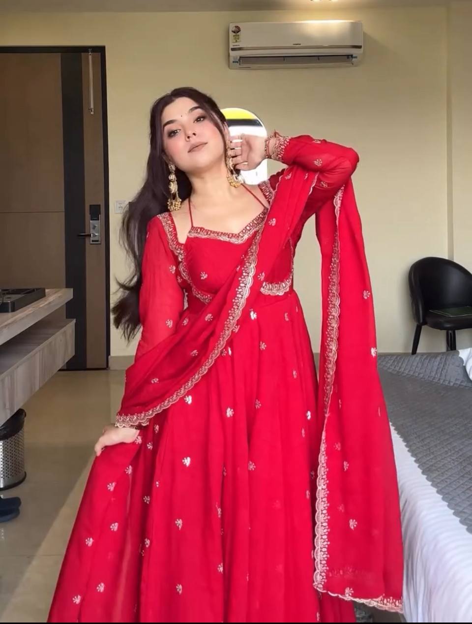 New Designer Party Wear Red Faux Georgette Gown with Heavy Embroidery Work