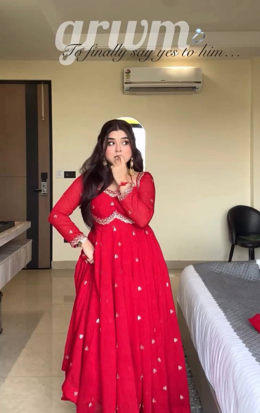 New Designer Party Wear Red Faux Georgette Gown with Heavy Embroidery Work