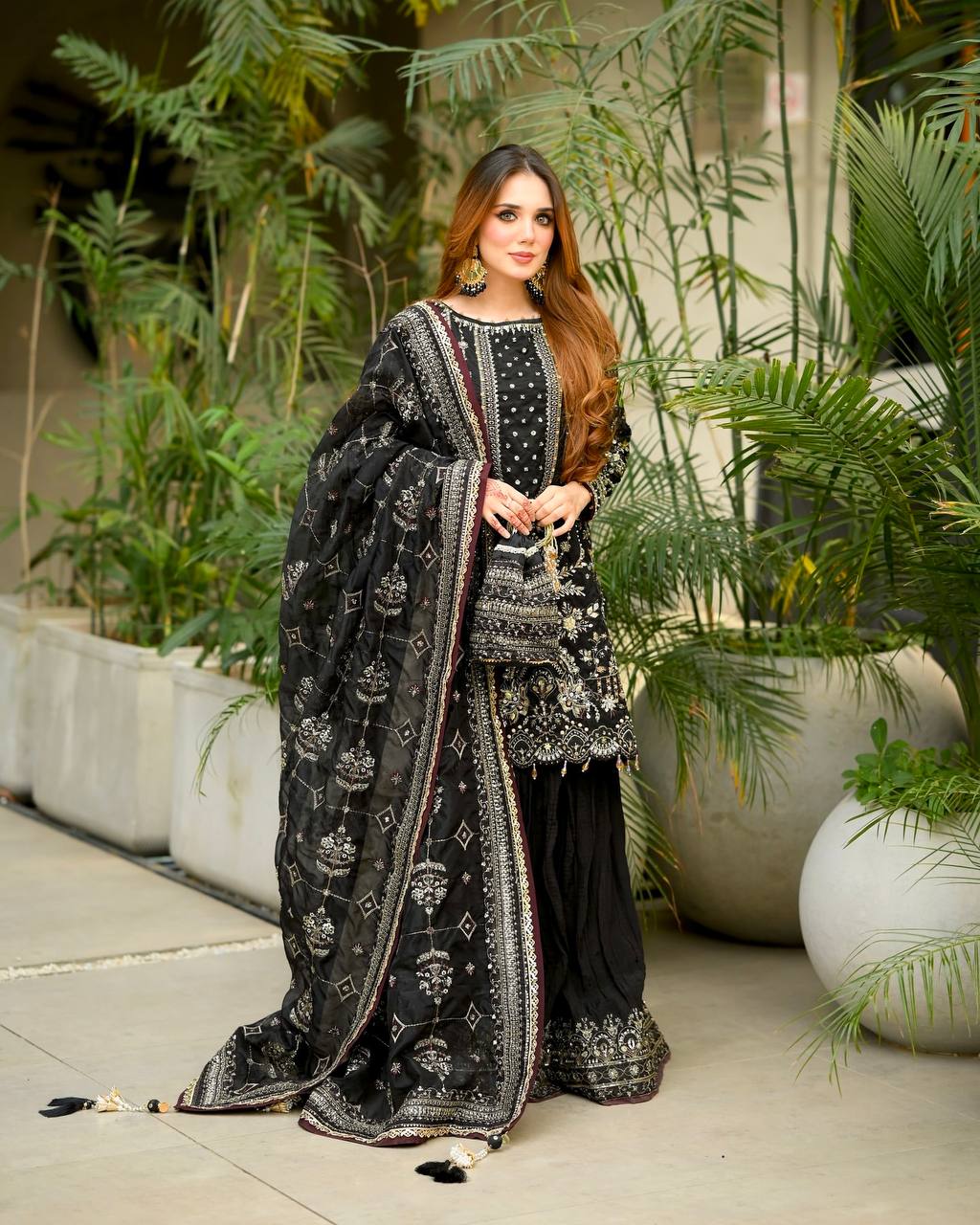 Exclusive Heavy Faux Georgette Ensemble with Sequin Embroidery and Fancy Latkan Border