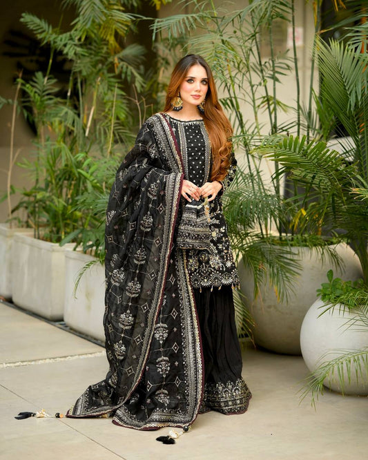Exclusive Heavy Faux Georgette Ensemble with Sequin Embroidery and Fancy Latkan Border