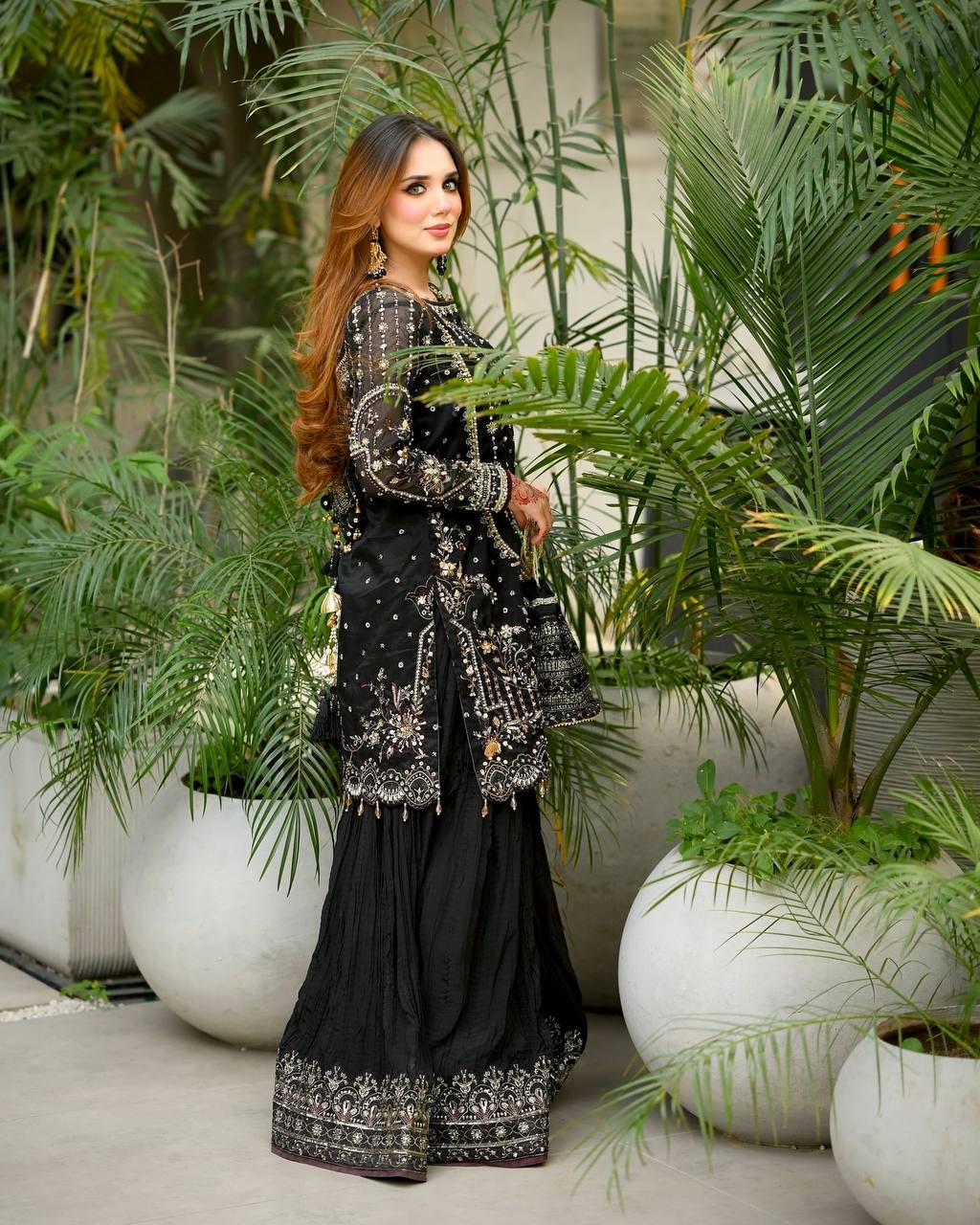 Exclusive Heavy Faux Georgette Ensemble with Sequin Embroidery and Fancy Latkan Border