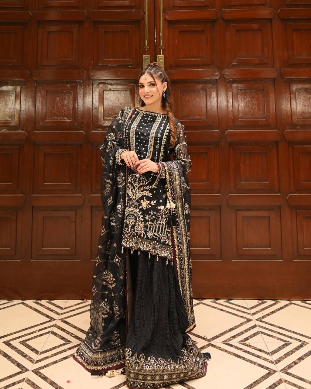 Exclusive Heavy Faux Georgette Ensemble with Sequin Embroidery and Fancy Latkan Border