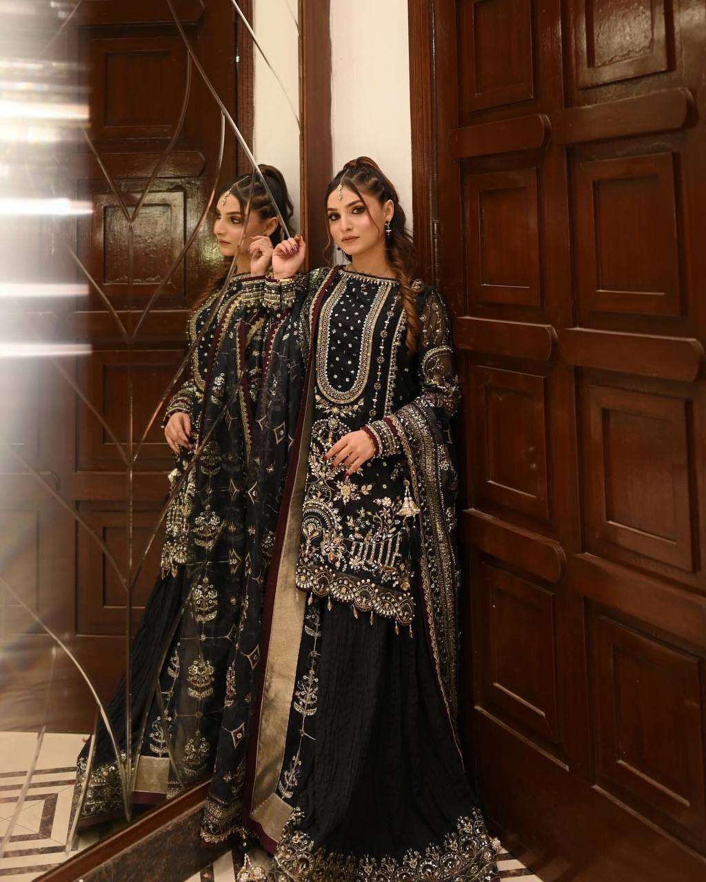 Exclusive Heavy Faux Georgette Ensemble with Sequin Embroidery and Fancy Latkan Border