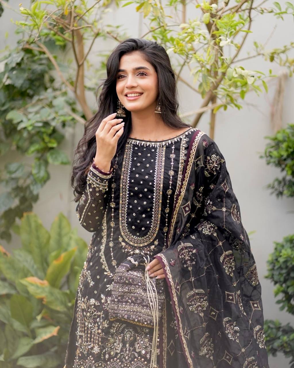 Exclusive Heavy Faux Georgette Ensemble with Sequin Embroidery and Fancy Latkan Border