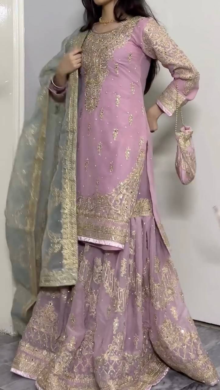 Chic Designer Faux Georgette Top Palazzo and Dupatta with Embroidery and Mirror Accents